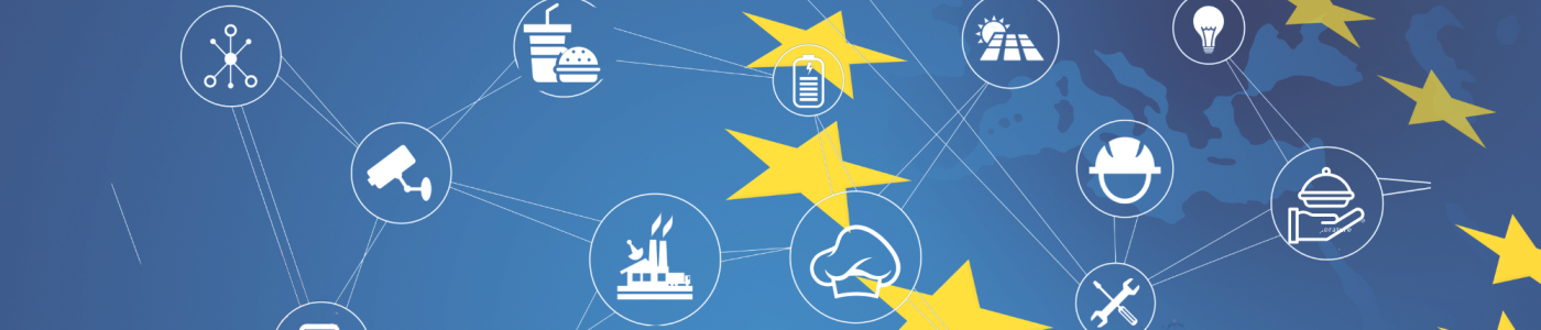 Illustration de l’Union européenne avec des étoiles jaunes et des icônes représentant différents secteurs économiques sur fond bleu.