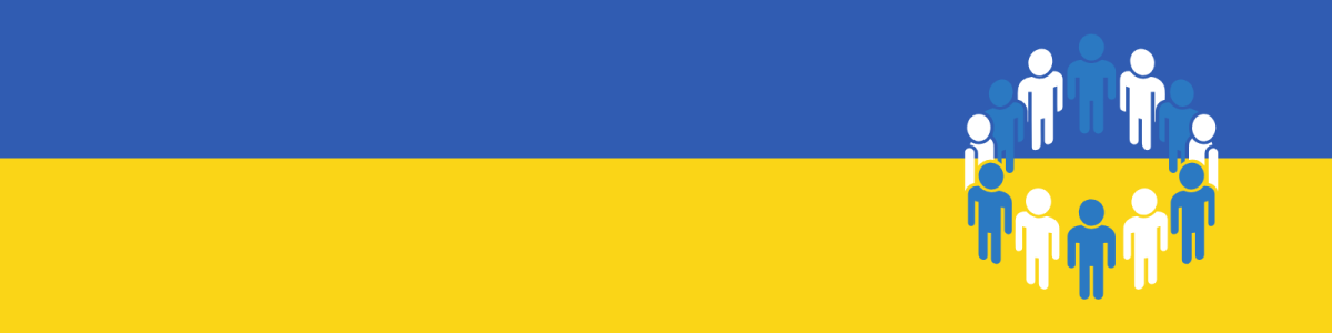 Drapeau ukrainien avec illustrations d'un groupe de personnes