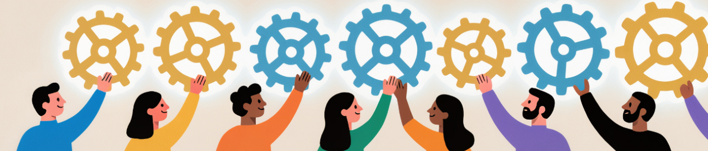 Dessin de personnes levant un bras vers un encrenage