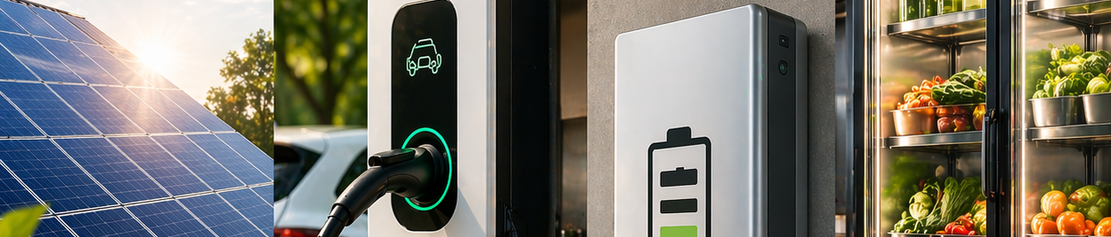 Montage illustrant la transition énergétique avec des panneaux solaires, une borne de recharge électrique, une batterie et un réfrigérateur rempli de produits.