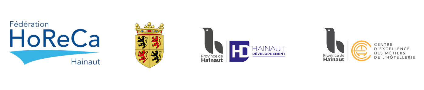 Bannière présentant les logos de la Fédération HoReCa Hainaut, de la Province de Hainaut, de Hainaut Développement et du Centre d’Excellence des Métiers de l’Hôtellerie.