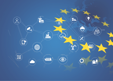 Illustration de l’Union européenne avec des étoiles jaunes et des icônes représentant différents secteurs économiques sur fond bleu.