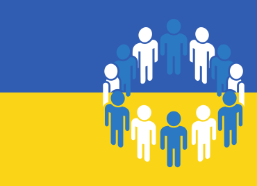 Drapeau ukrainien avec illustrations d'un groupe de personnes 