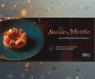 Affiche de l’événement “La Sainte-Marthe” à Namur, avec une assiette gastronomique en gros plan et un texte annonçant une tradition festive animée par Andréa Caltagirone.