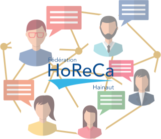 Illustration de plusieurs personnes reliées en réseau avec des bulles de dialogue, autour du logo Fédération HoReCa Hainaut, symbolisant les échanges entre professionnels.