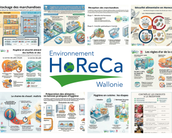 Montage d’infographies sur l’hygiène et la sécurité alimentaire en cuisine professionnelle, autour du logo Environnement HoReCa Wallonie.