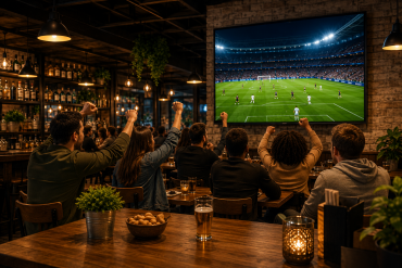 Clients regardant un match de football sur grand écran dans un établissement horeca