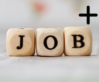 Cubes en bois formant le mot « JOB » avec un symbole plus.