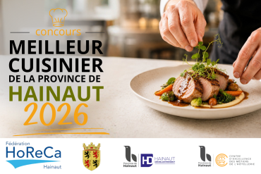 Affiche du concours « Meilleur cuisinier de la province de Hainaut 2026 » montrant un chef dressant une assiette gastronomique.