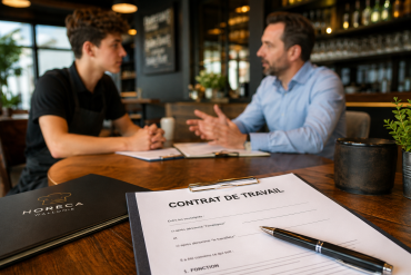Contrat de travail au premier plan et échange entre un employeur Horeca et un étudiant en arrière-plan, illustrant les règles liées au contrat d'occupation d'étudiant.