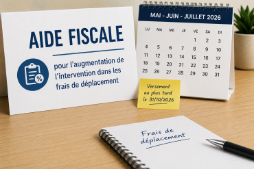Illustration représentant une aide fiscale liée aux frais de déplacement domicile-lieu de travail, avec des éléments administratifs tels qu’un calendrier et des documents de travail.