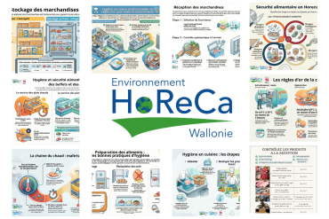 Mosaïque de fiches pratiques sur l’hygiène et la sécurité alimentaire proposées par Environnement HoReCa Wallonie.