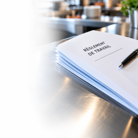 Règlement de travail posé sur une table en inox 