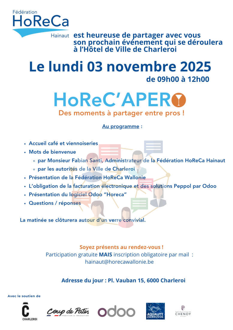 Affiche de la Fédération HoReCa Hainaut annonçant l’événement HoReC’APERO du 3 novembre 2025 à Charleroi, avec programme, informations pratiques et logos des partenaires.