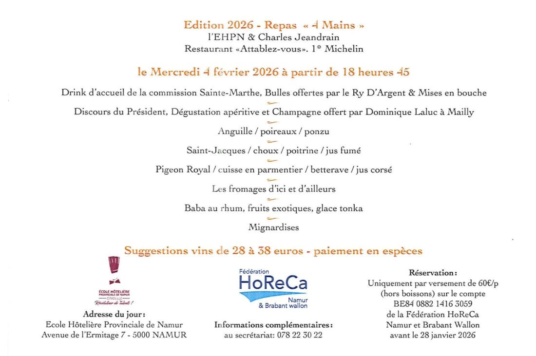 Menu de l’édition 2026 du repas “4 Mains” à l’EHPN et au restaurant Attablez-vous, présentant les plats, les suggestions de vins et les informations pratiques pour la réservation.