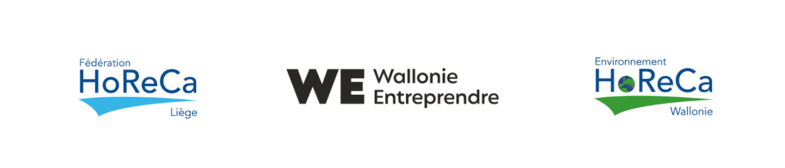 Bannière présentant les logos de la Fédération HoReCa Liège, de Wallonie Entreprendre (WE) et d’Environnement HoReCa Wallonie sur fond blanc.