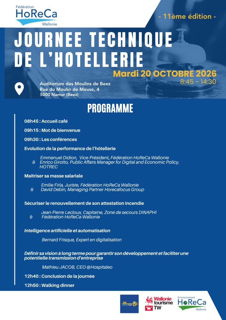 Programme de la 11e Journée technique de l’hôtellerie, le mardi 20 octobre 2026 à l’Auditorium des Moulins de Beez à Namur.